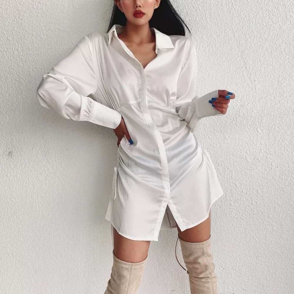 White Silky Button Down Shirt Dress